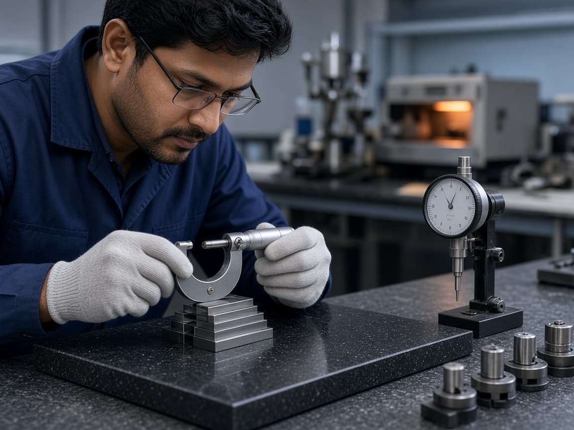 Technician checking a micrometer against gauge blocks on a granite surface plate