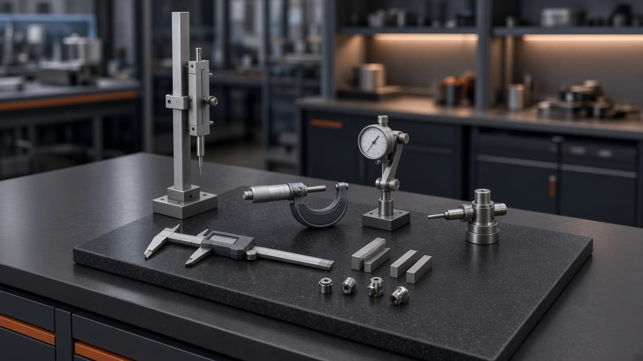 Height gauge, calipers, micrometers and other measuring instruments on a granite surface plate