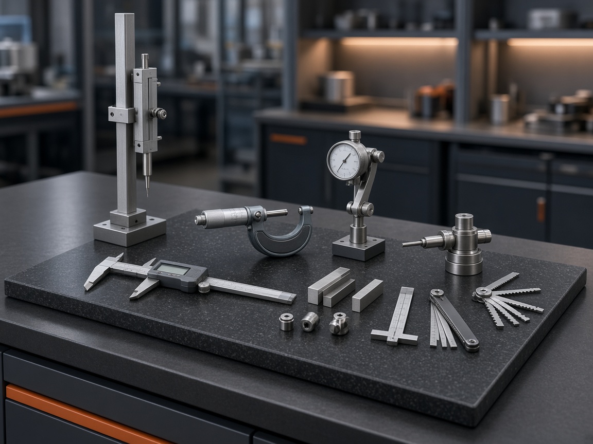 Height gauge, vernier caliper, micrometer and other small measuring instruments on a granite surface plate